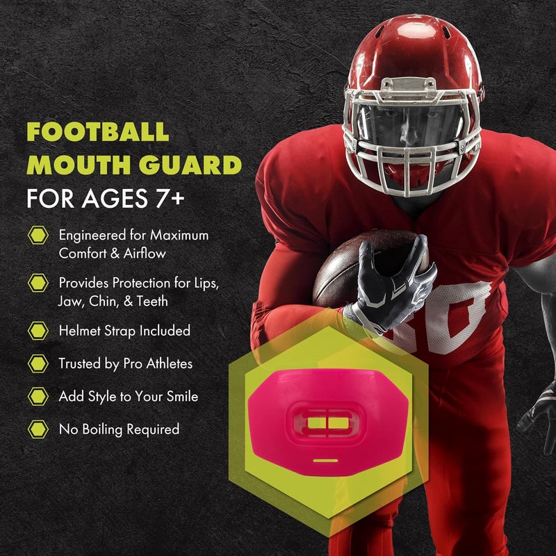 DAMAGE CONTROL Youth Football Mouth Guard – Breathable No Boil Mouthpiece, Protects Lips & Teeth, Works with Braces, Includes Helmet Strap – Sports Gear & Accessories (Hot Pink) - Image 2